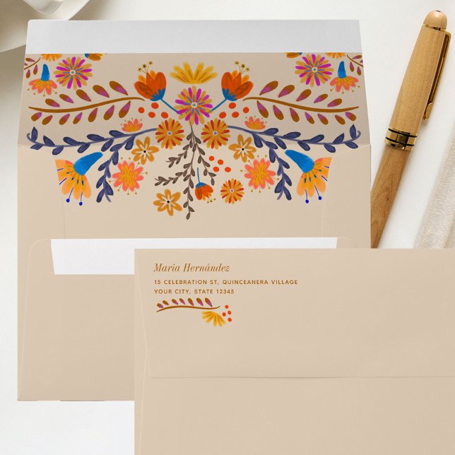 Mexican Floral Earthy Folk Flowers Return Address Envelope (Envelopes with earthy folk art flwoers from my Mexican Floral collection)
