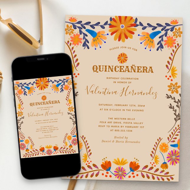 Mexican Floral Earthy Western Quinceanera Invitati Invitation (Western style Quinceanera invitation with folk art flowers from my Mexican Floral collection)