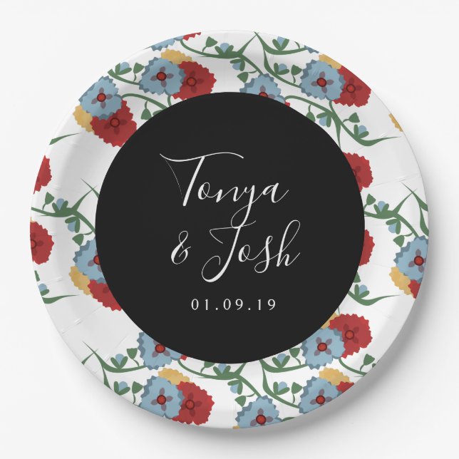 Mexican Floral Faux Glitter Festive Dots Wedding Paper Plate (Front)