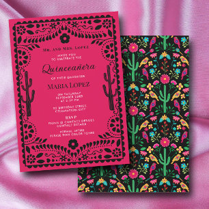 Mexican Floral Fiesta Pink Black Quinceañera Invitation