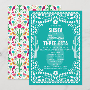Mexican Floral Fiesta Teal Three-Esta 3rd Birthday Invitation