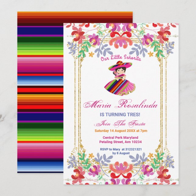 Mexican Floral Girl Fiesta Tres Birthday Invitation (Front/Back)