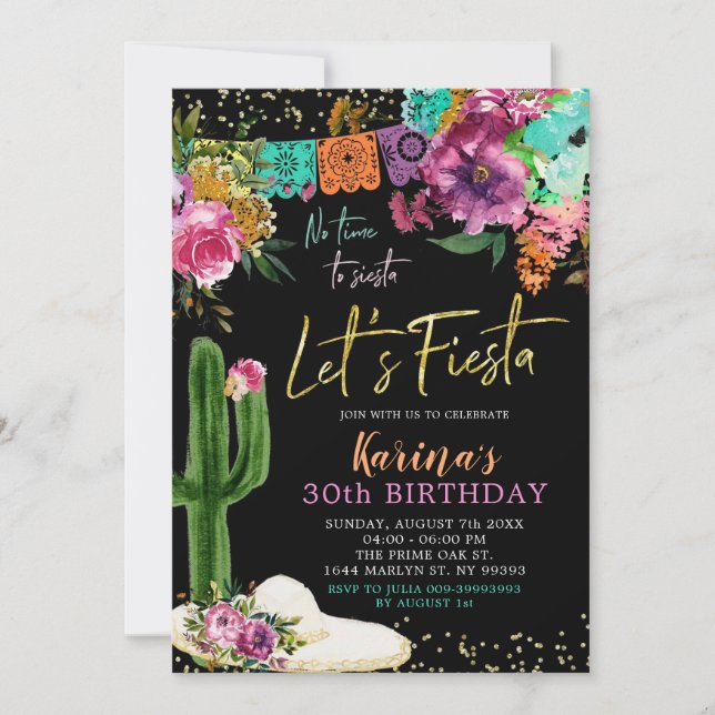 Mexican Floral Let's Fiesta Birthday Party Invitation (Front)