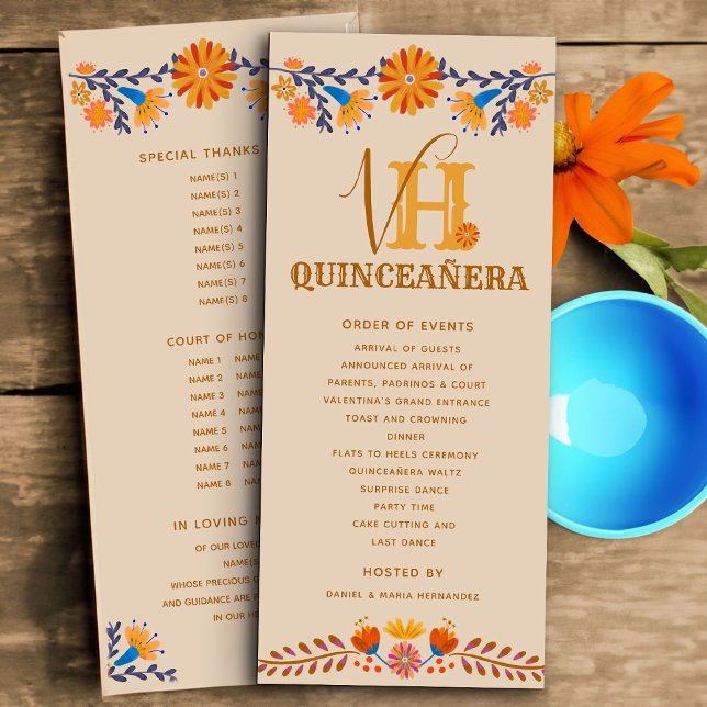 Mexican Floral Monogrammed Western Quinceanera Programme (Monogrammed programs for Quinceanera or other occasion with western boho mexican floral design)