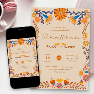 Mexican Floral Pretty Folk Art Quinceanera Invitation