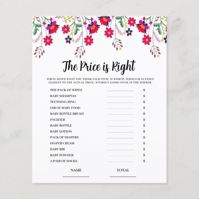 Mexican Floral Price is Right Baby Game Card  (Front)