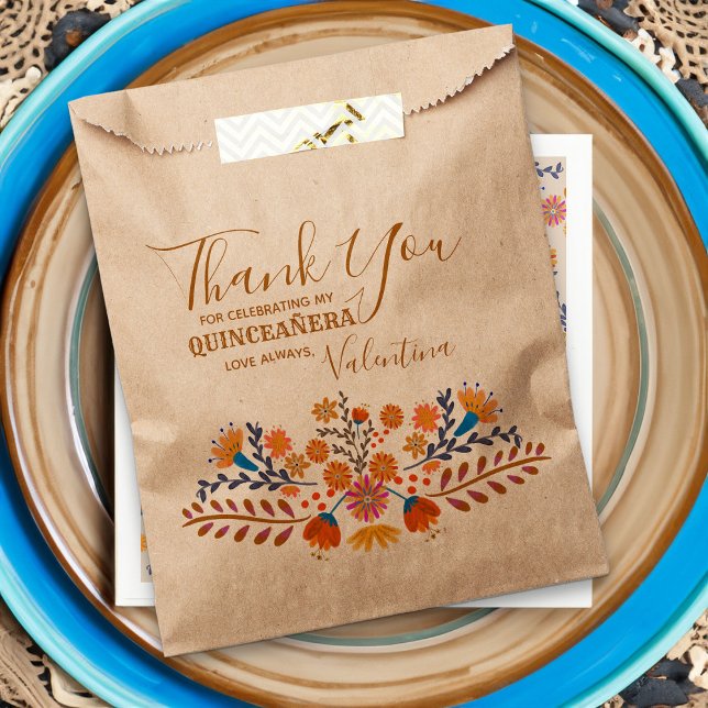 Mexican Floral Western Earth Tone Boho Quinceanera Favour Bags (Favor bags for Quinceanera or other occasion with western boho mexican floral design)