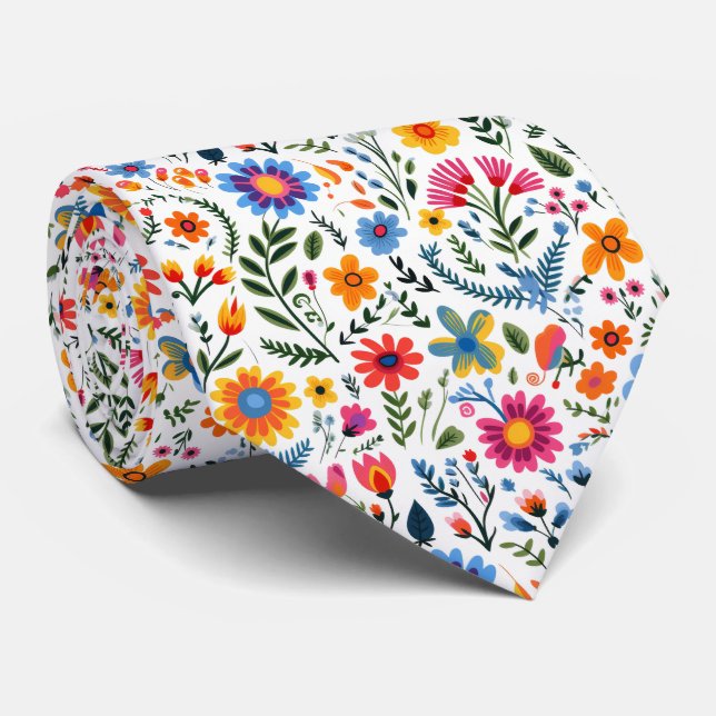 Mexican Flowers Colourful Pattern Tie (Rolled)