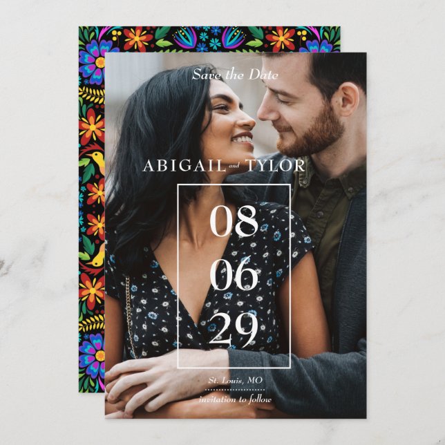 Mexican Flowers Photo Save The Date Invitation (Front/Back)
