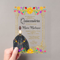 Mexican Flowers with Gold Black Quinceañera