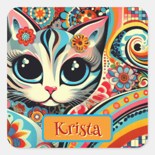 Mexican Folk Art Abstract Kitty Cat Personalised Square Sticker
