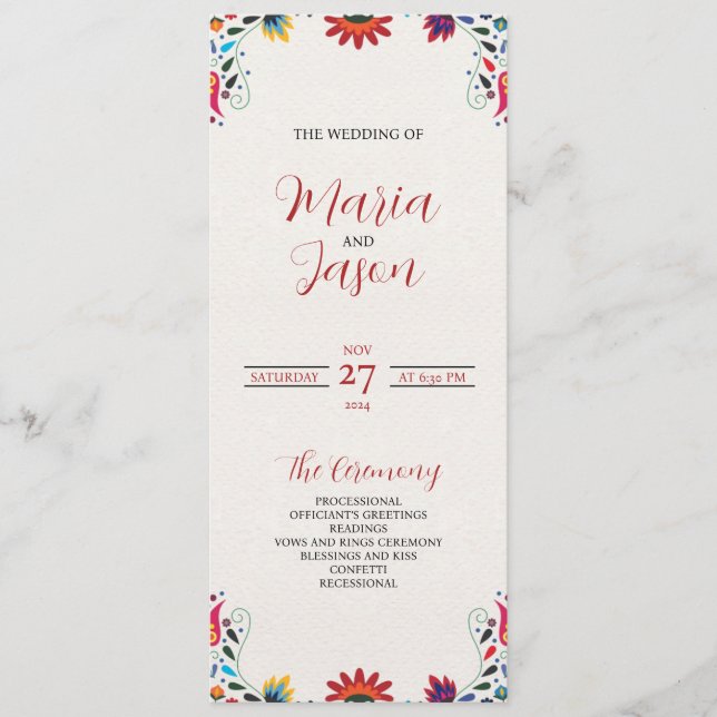 Mexican Folk Art Colourful Floral Fiesta Wedding Programme (Front)