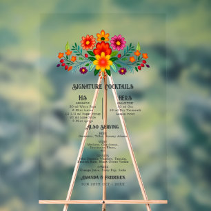 Mexican Folk Art Floral Signature Cocktails Menu Acrylic Sign