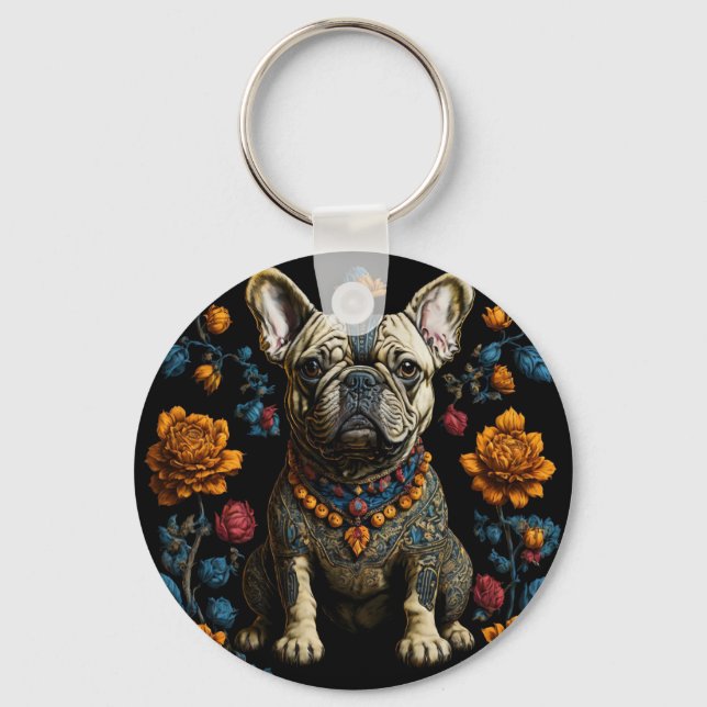Mexican Folk Art French Bulldog Key Ring (Front)