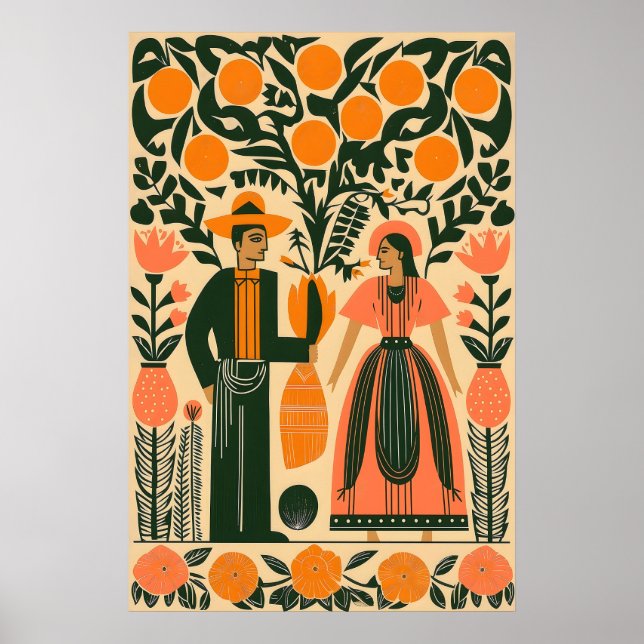Mexican Folk Art Print Couple Under Orange Tree (Front)