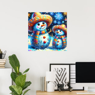 Mexican Folk Art Snowmen Snowman Return Address Poster