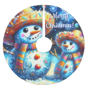 Mexican Folk Art Snowmen Snowman Snow People Brushed Polyester Tree Skirt