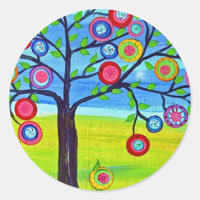 Mexican folk art style Tree of Life Classic Round Sticker (Front)