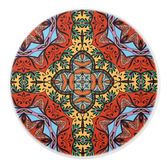 Mexican folk ethnic colorful seamless pattern  ceramic knob (Front)