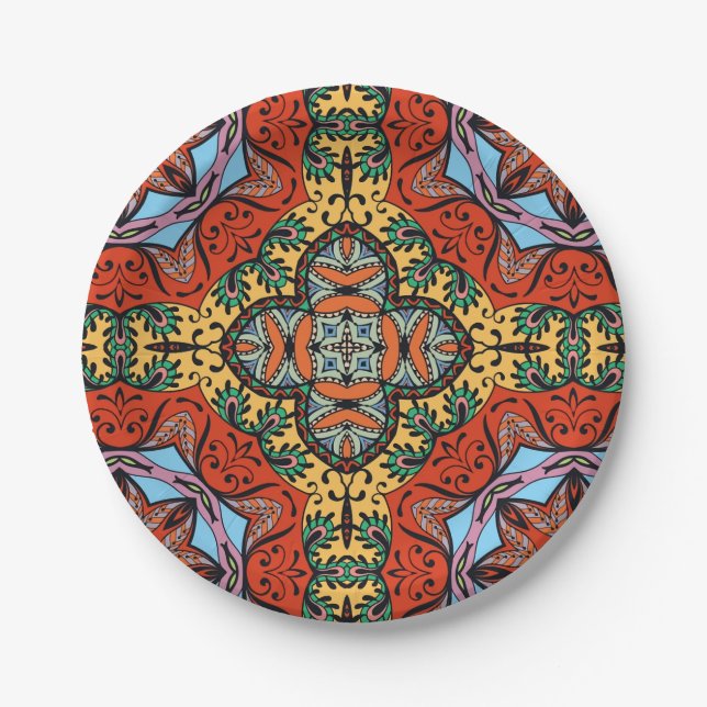 Mexican folk ethnic colourful seamless pattern  paper plate (Front)