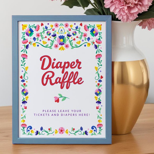 Mexican Folk Floral Diaper Raffle Baby Shower Sign (Diaper Raffle Tabletop sign poster)