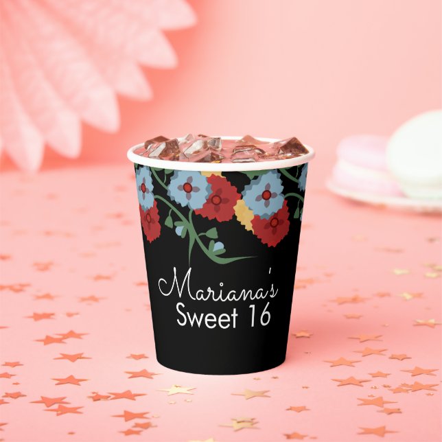 Mexican Folk Florals Greenery Sweet 16 Birthday Paper Cups (Insitu)