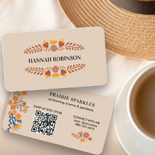 Mexican Folk Flowers Earthy QR Code Business Card