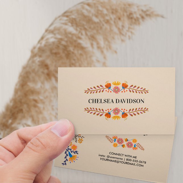 Mexican Folk Flowers Earthy Tan Business Card (Earthy tan business card with rustic mexican folk flowers)