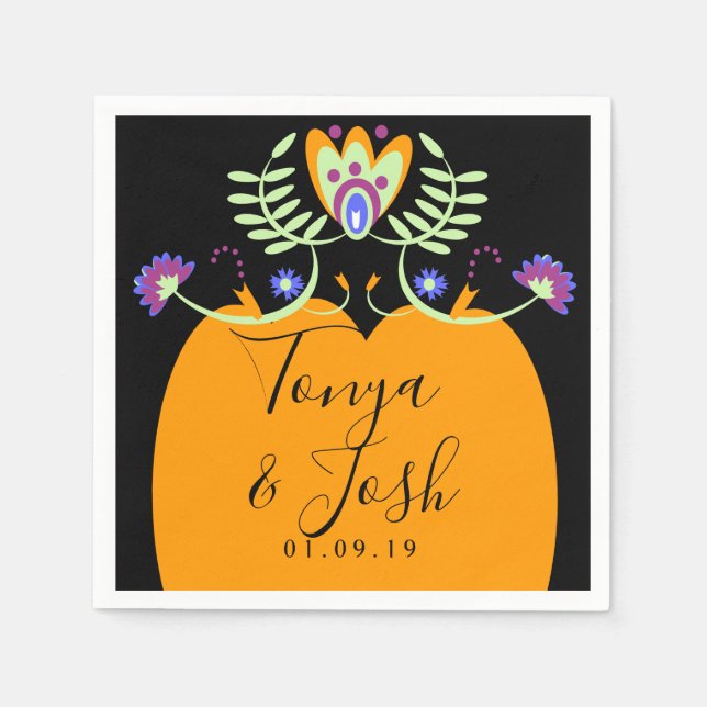 Mexican Folk Flowers Wedding | Halloween Pumpkin Napkin (Front)