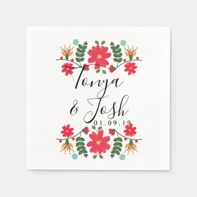 Mexican Folk Flowers Wedding Napkin (Front)