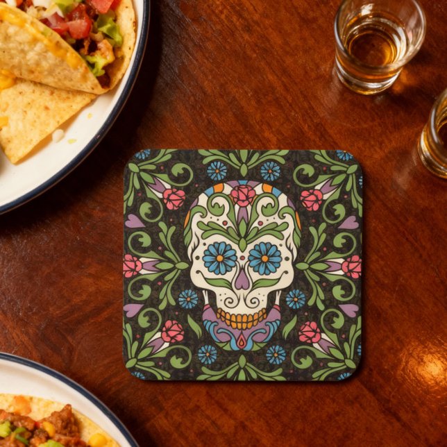 Mexican Folk Mariposa Sugar Skull Square Paper Coaster (Creator Uploaded)