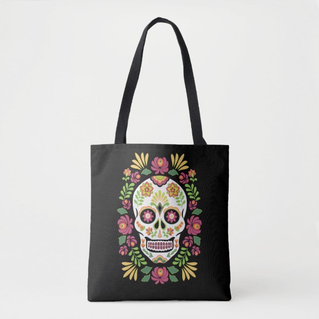Mexican Folk Sugar Skull and Roses Tote Bag (Front)