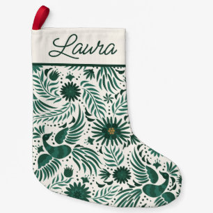 Mexican Folklore Pattern Script Name Green White Small Christmas Stocking