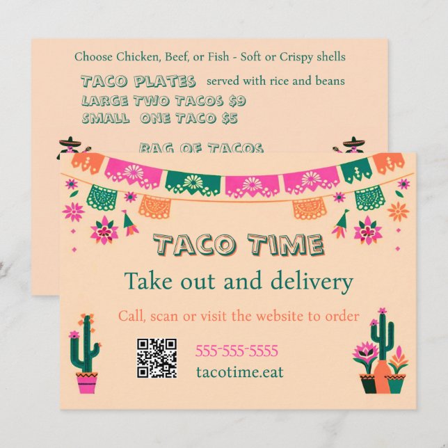 Mexican Food Taco Takeout or Delivery Flat Menu (Front/Back)