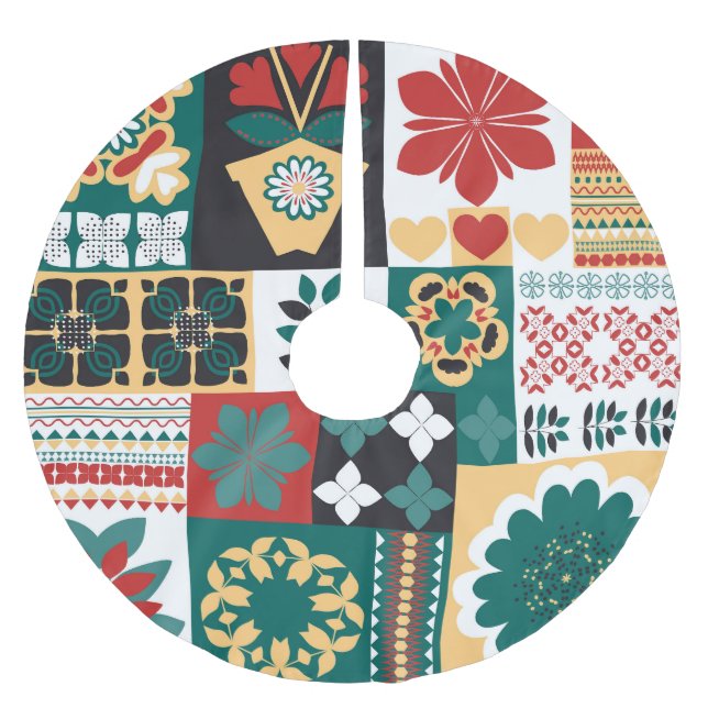 Mexican Geometric: Red Green Ornament. Brushed Polyester Tree Skirt (Front)