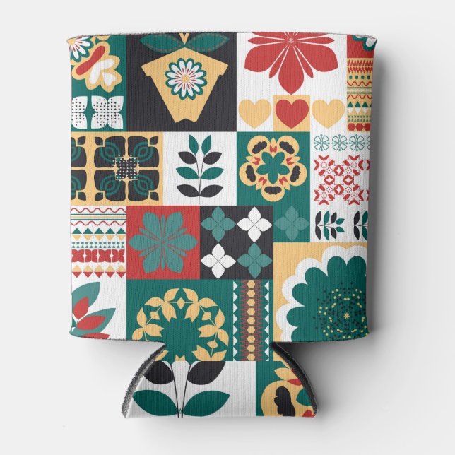 Mexican Geometric: Red Green Ornament. Can Cooler (Front)