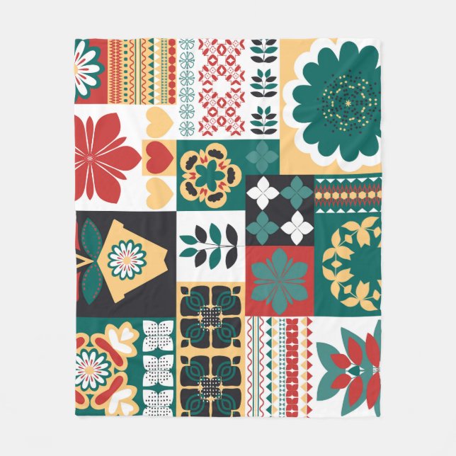 Mexican Geometric: Red Green Ornament. Fleece Blanket (Front)