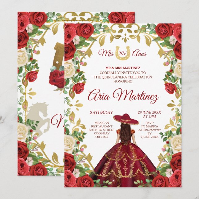Mexican Girl Burgundy Dress 15th Birthday Invitation (Front/Back)