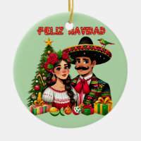 Mexican girl man christmas tree Feliz Navidad art