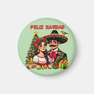 Mexican girl man christmas tree Feliz Navidad art Magnet