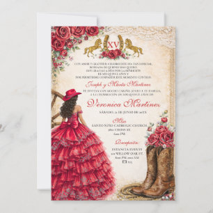 Mexican Girl Red Floral Charra Quinceañera Western Invitation