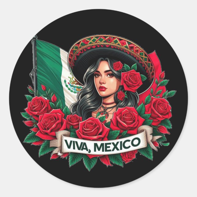 Mexican Girl Viva mexico Flag art illustration Classic Round Sticker (Front)
