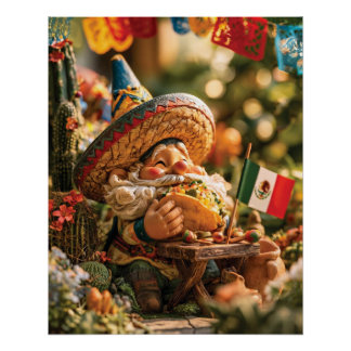 Mexican Gnome Wearing A Sombrero Eating A Taco Poster