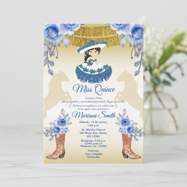 Mexican Gold Blue Roses Flowers Quinceanera  Invitation (Standing Front)