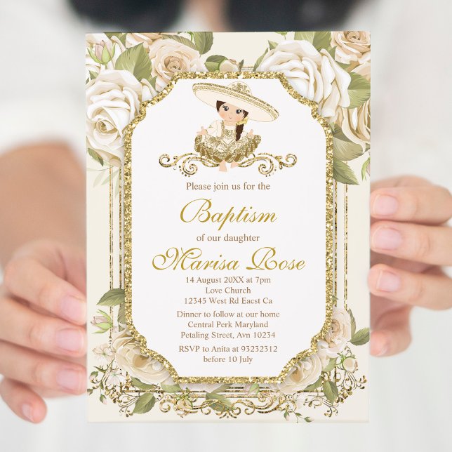 Mexican Gold Fiesta Girl Baptism Christening Invit Invitation (Creator Uploaded)