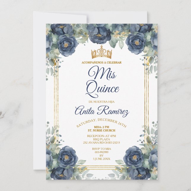 Mexican Gold & Navy Blue Roses 15 Anos MIS QUINCE Invitation (Front)
