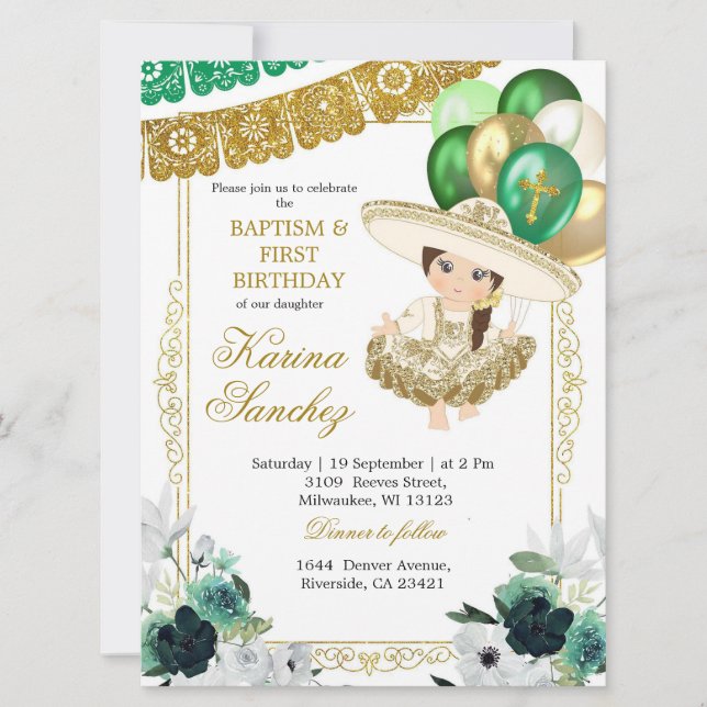 Mexican Green Gold Girl Baptism and Birthday  Invitation (Front)