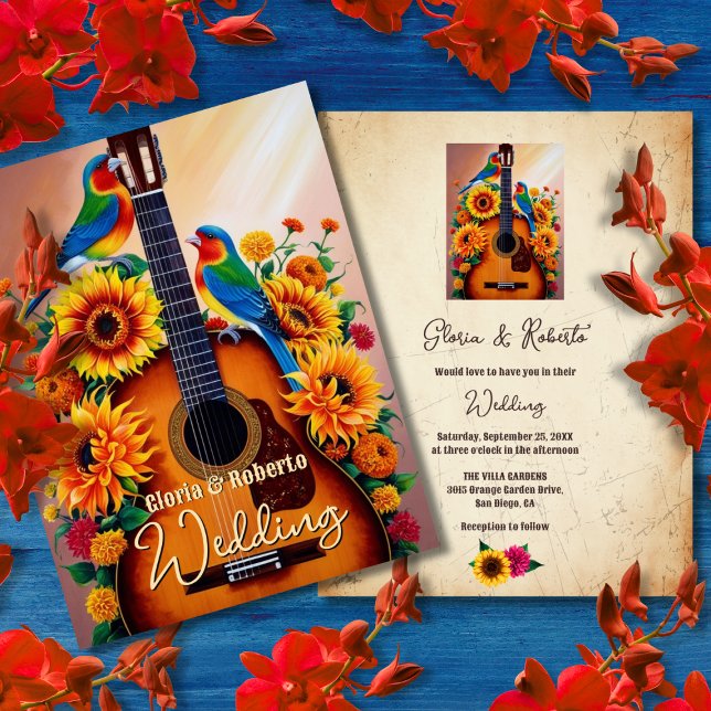 Mexican Guitar Sunflowers and Lovebirds Wedding Invitation (Creator Uploaded)