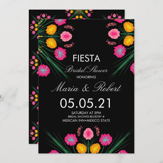 Mexican Hand Drawn Floral Black Pink Bridal Shower Invitation (Front/Back)