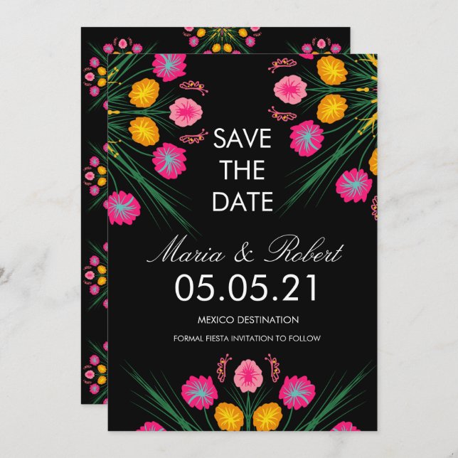 Mexican Hand Drawn Floral Black Pink Save the Date Invitation (Front/Back)